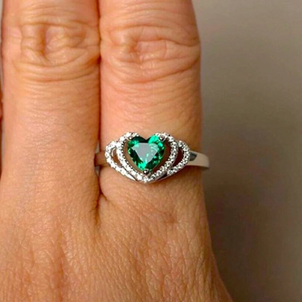 New 925 Sterling Silver Double Halo Emerald Heart Ring